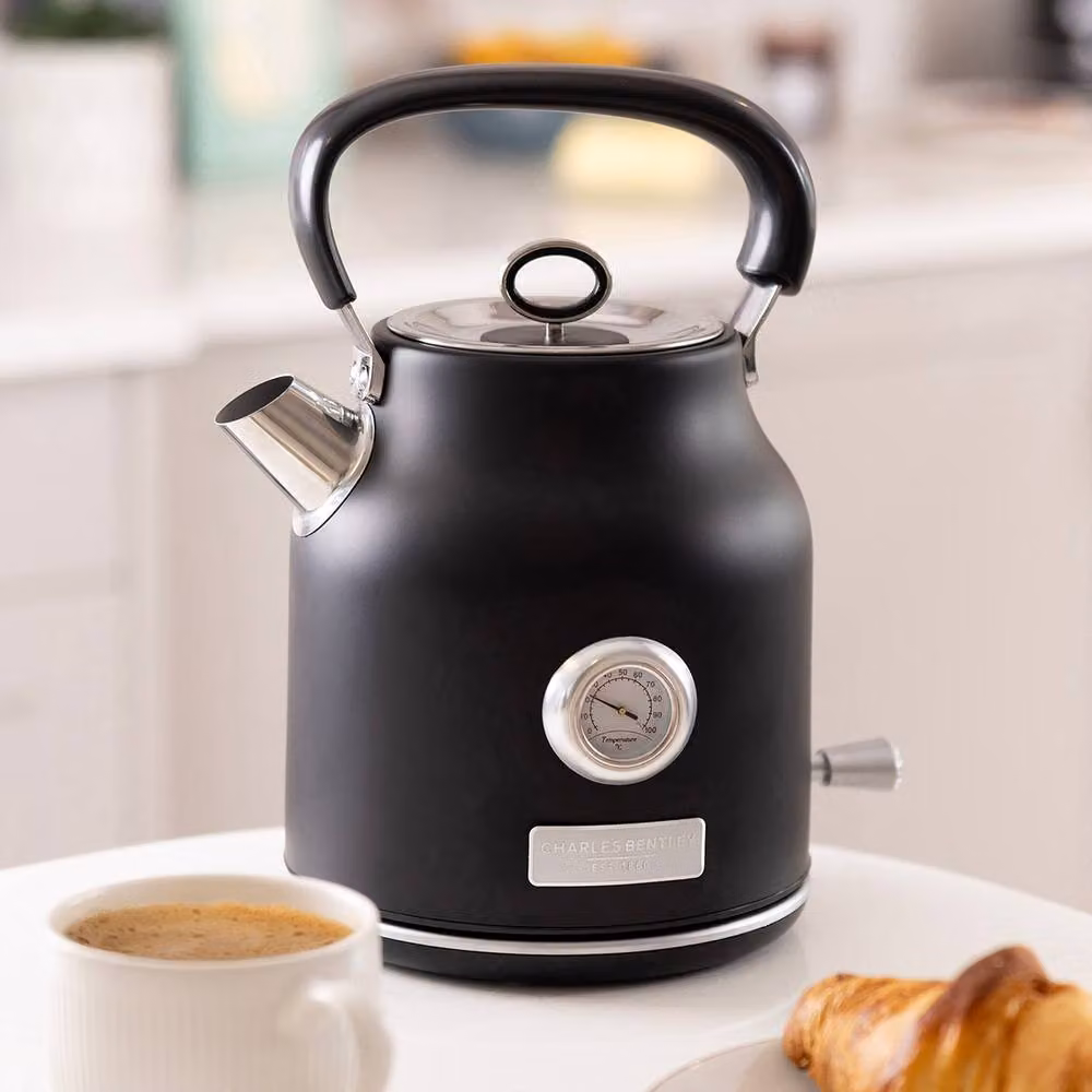 Charles Bentley Kettle 1.7L and 4 Slice Toaster Set in Matt Black and Silver