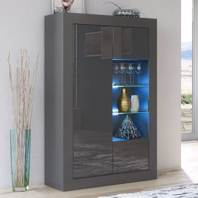 Mex Furniture LTD Arcadia Display Cabinet in Dark Grey with Glossy Glass Doors and Integrated LED Lighting – 1