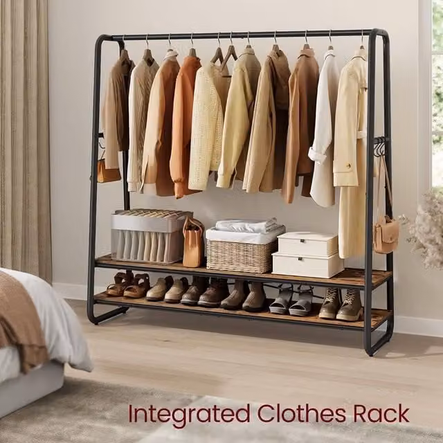 VASAGLE Industrial Bedroom Garment Rack with Shelves and Dual Hook and Rail Matrix in Brown and Black, W/D/H: 160 x 45 x 197 cm – 1