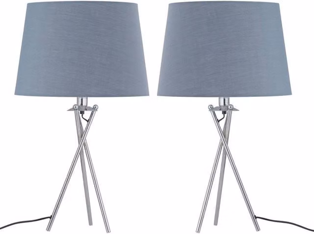 First Choice Lighting Set of 2 Silver Chrome Tripod Table Lamps with Grey Fabric Shades