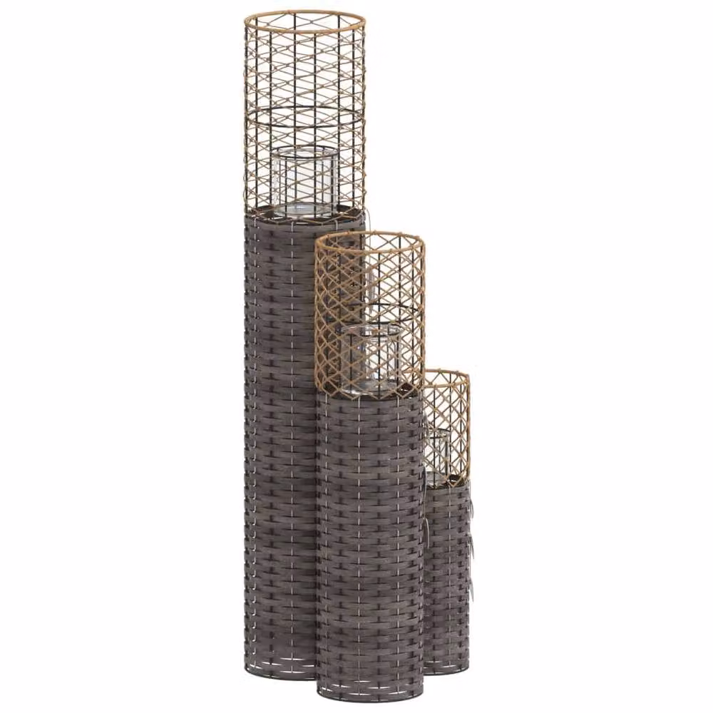 Berkfield Set of 3 Grey Wicker and Glass Round Tabletop Candle Holders – 4