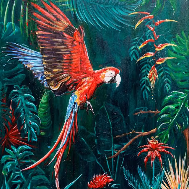 Wright Art Studio Macaw Animal Art Print Wrapped on Canvas in Green and Multicolour