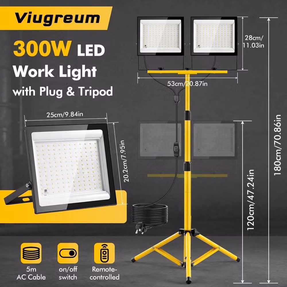 KORVIXA 230V Twin Head LED Tripod Site Floodlight with Remote Control, 15000 Lumens, Yellow – 2