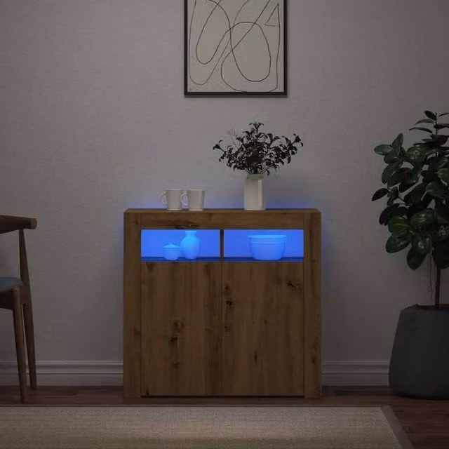 Berkfield Home Artisan Oak Sideboard with Integrated LED Lights in Brown, W/D/H: 80 x 35 x 75 cm – 1