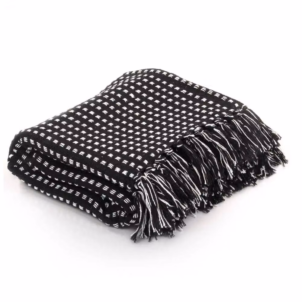 Berkfield Home Checked Cotton Throw with Fringes, Black, W/D/H: 125 x 150 cm – 2