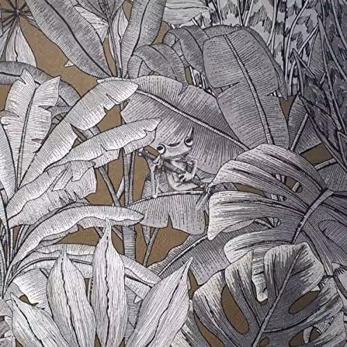Muriva Lush Forest Modern Floral Wallpaper in Green and Grey with Metallic Tropical Foliage and Jungle Creatures