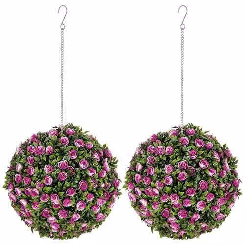 HOMCOM Set of 2 Purple Artificial Rose Topiary Balls, 28 cm Diameter
