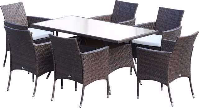 Outsunny 7-Seater Rattan Garden Dining Set with Rectangular Glass Table and Black Cushions in Brown