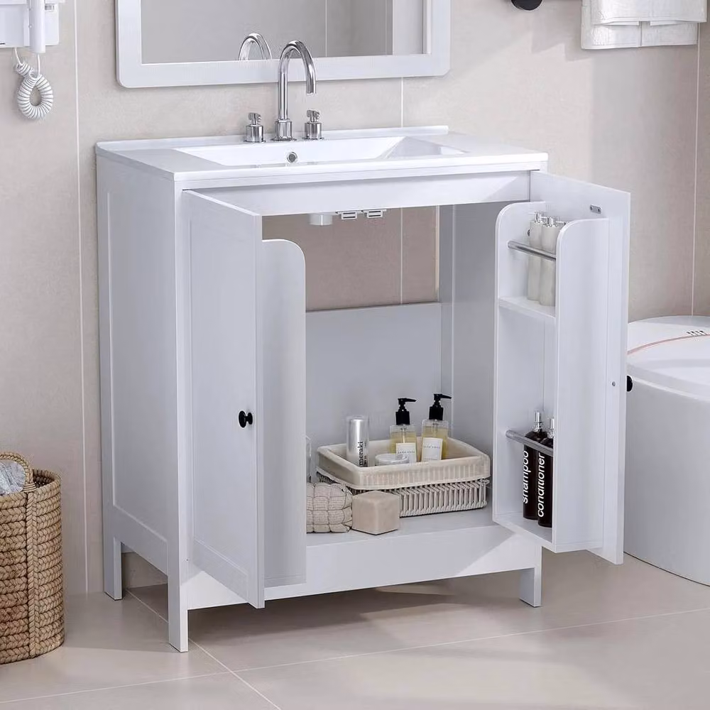 FORGEVIO Modern White Freestanding Bathroom Sink Cabinet with Hinged Doors and Internal Shelves – 3