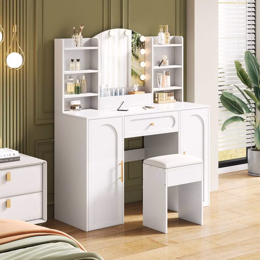 Rolipo White Modern Vanity Table with LED Mirror and Stool – 2