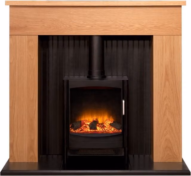 Adam Fires & Fireplaces Innsbruck Stove Fireplace in Oak with Keston Electric Stove, Black, Width: 114.3 cm