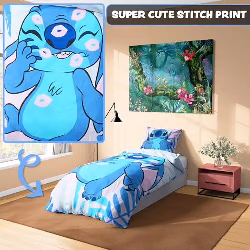 Disney Stitch Blue and Multicolour Duvet Cover and Pillowcase Set for Kids and Teenagers, W/D/H: 135 x 200 cm and 90 x 200 cm – 3