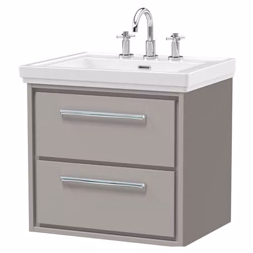 Balterley Wall Hung Vanity Unit with 2 Soft Close Drawers and 3 Tap Hole Rectangular Basin in Pebble Grey, W/D/H: 63.0 x 47.1 x 60.5 cm – 1