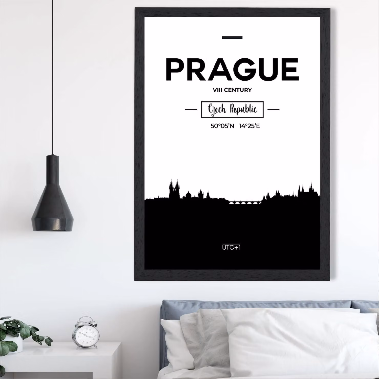 ARTZE Prague Black and White City Skyline Framed Print, A2 – 2