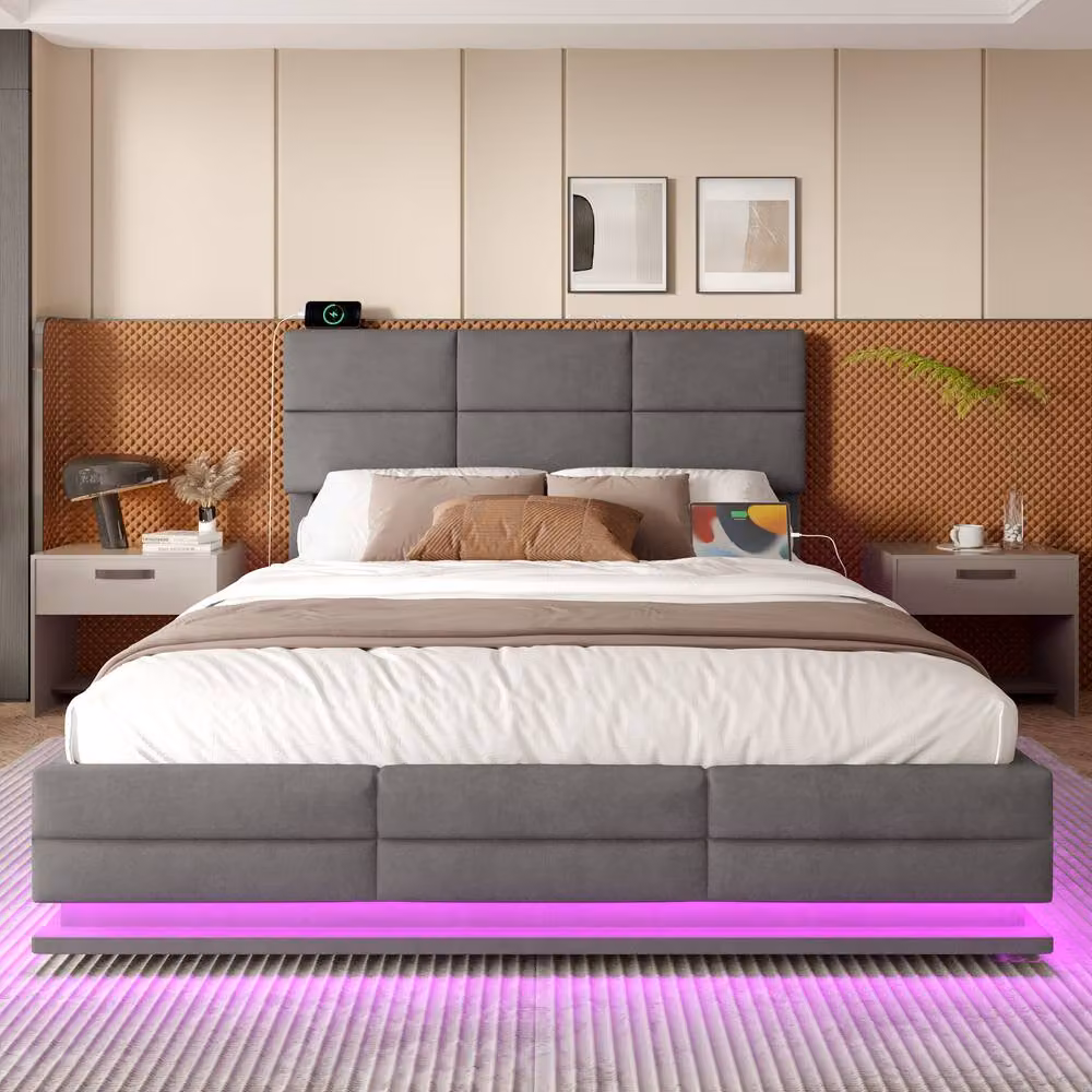 Direct Wicker Grey Velvet Upholstered King Bed with LED Lighting, USB Charging Ports and Lift Up Base, 180 x 200 cm – 7