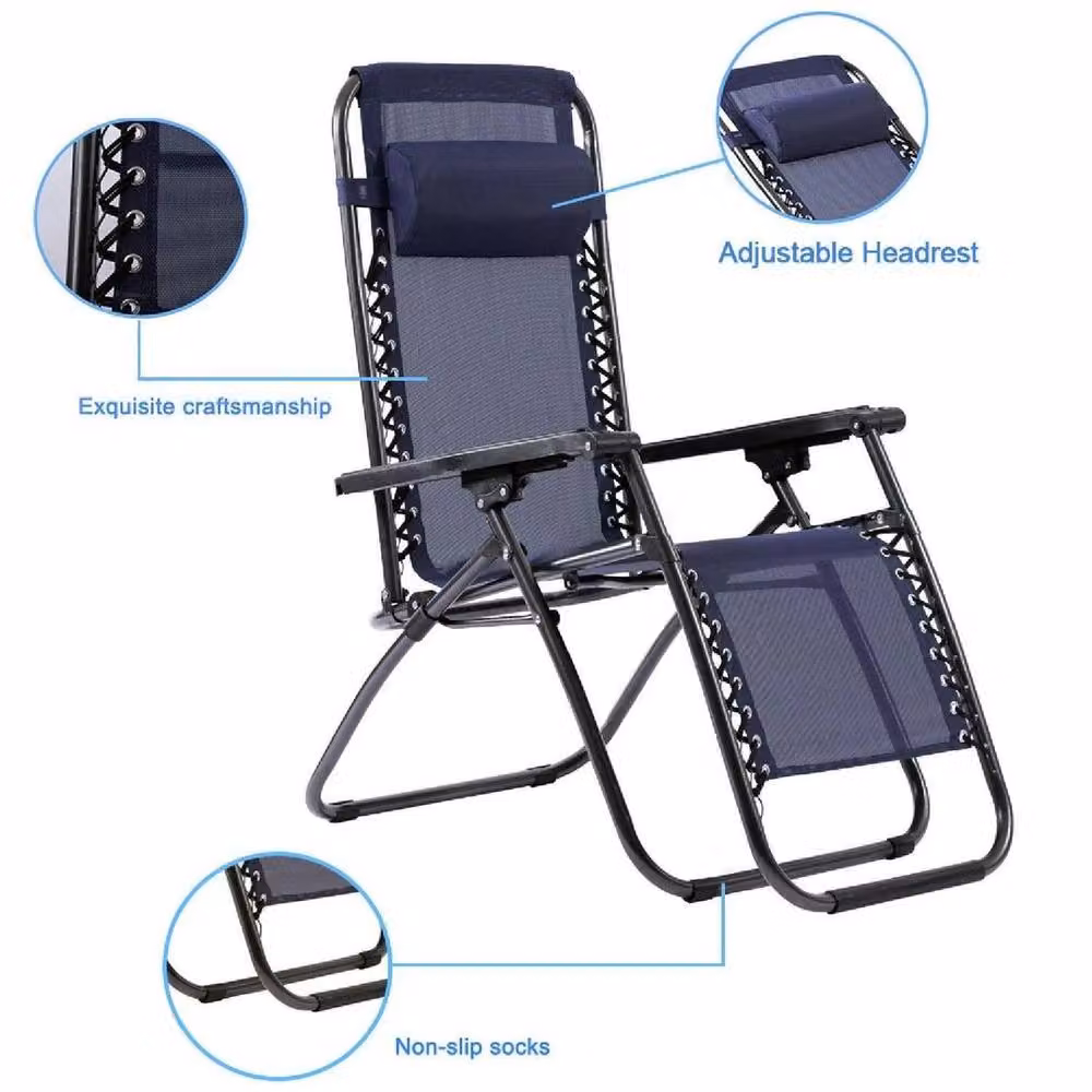 EONLION Set of 2 Blue Reclining Outdoor Sun Loungers with Adjustable Headrest and Textilene Fabric – 2