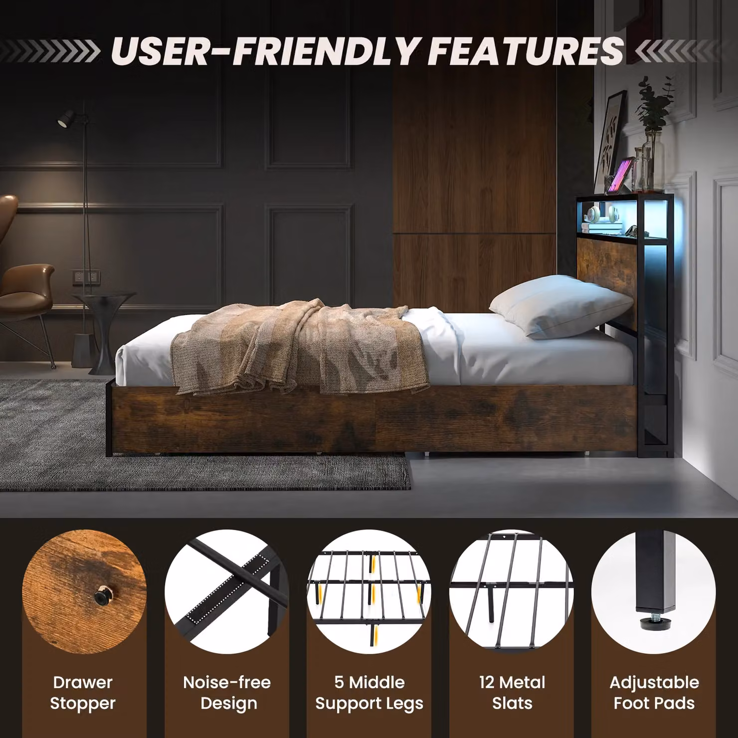 Costway Double Size Metal Bed Frame in Brown with LED Light Headboard, USB Charging Port, Bedside Shelf and 4 Storage Drawers, W/D/H: 140 x 200 cm – 6