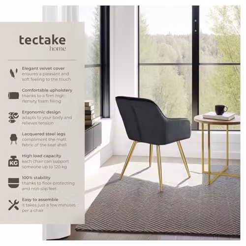 tectake Set of 6 Velvet Dining Chairs with Armrests and Gold Steel Legs, Black/Gold – 4