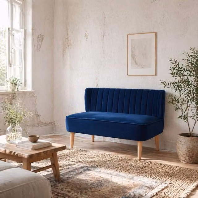Wyld Haus Haleco 2 Seater Loveseat in Dark Blue Velvet with Panel Tufted Back – 1