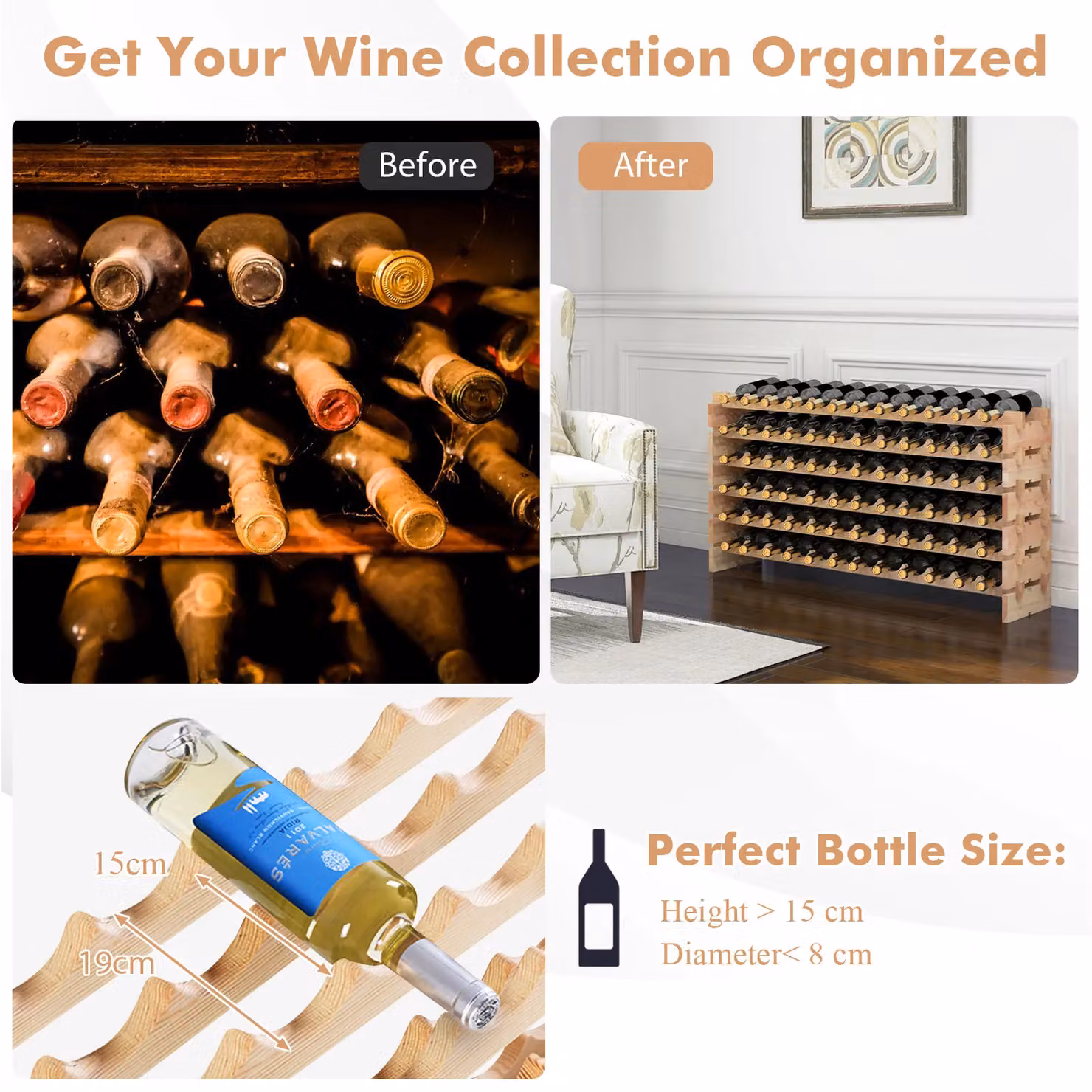 Gymax Stackable Modular Pine Wood Wine Rack with 72 Bottle Capacity in Natural Brown – 5