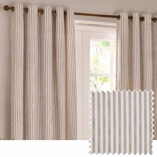 Riva Home Striped Cotton Eyelet Curtain Pair, Beige/Sand, W: 168 cm, H: 137 cm