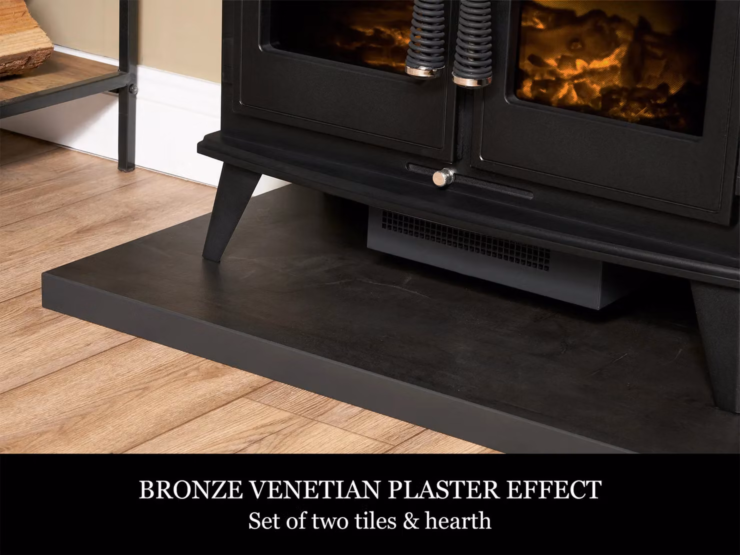 Acantha Fires & Fireplaces Tile and Hearth Set in Bronze Venetian Plaster Effect with Woodhouse Stove and Black Angled Pipe – 3