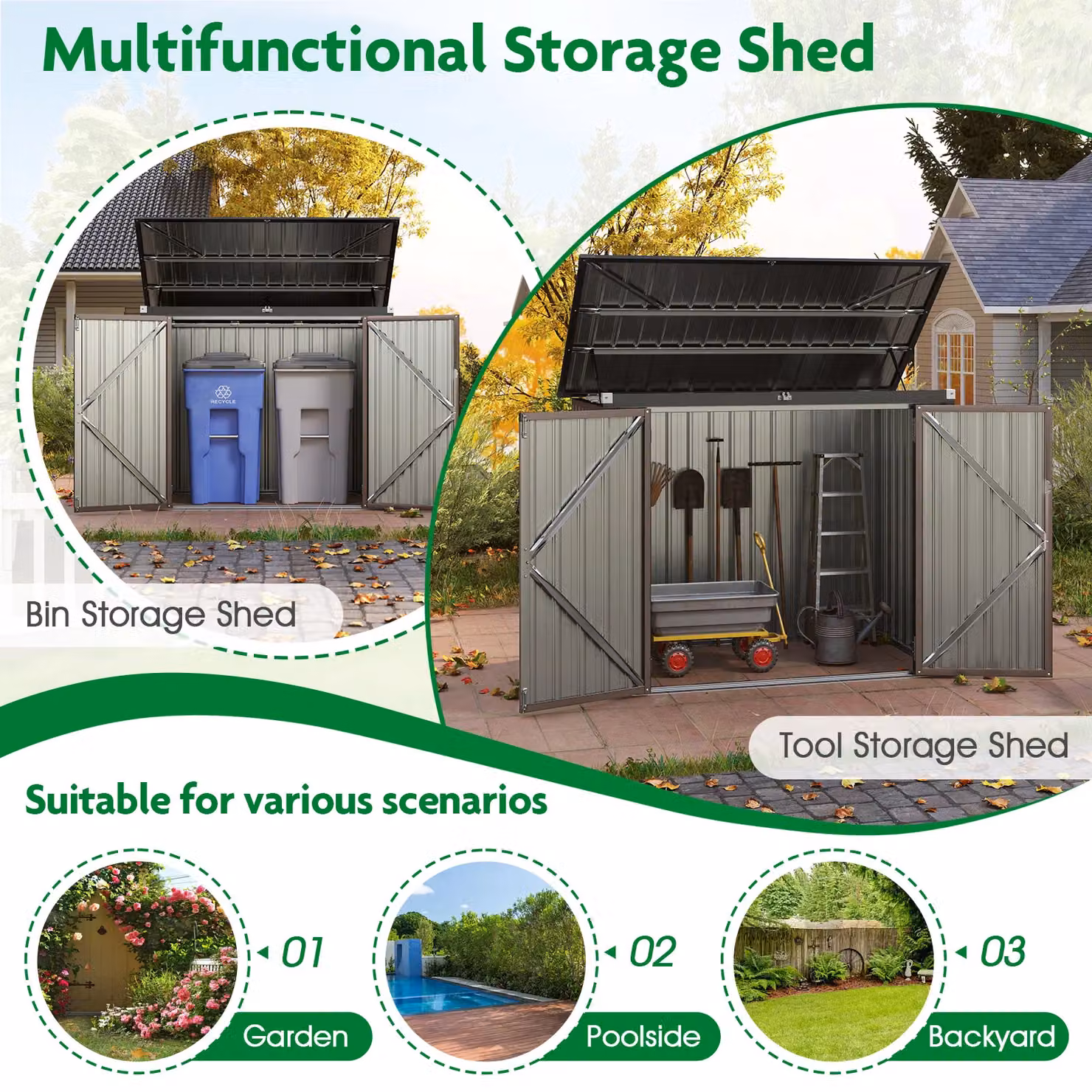 Gymax Metal Bin Store Storage Shed with Double Openings, Light Grey, W: 95 cm, D: 172 cm, H: 130 cm – 4