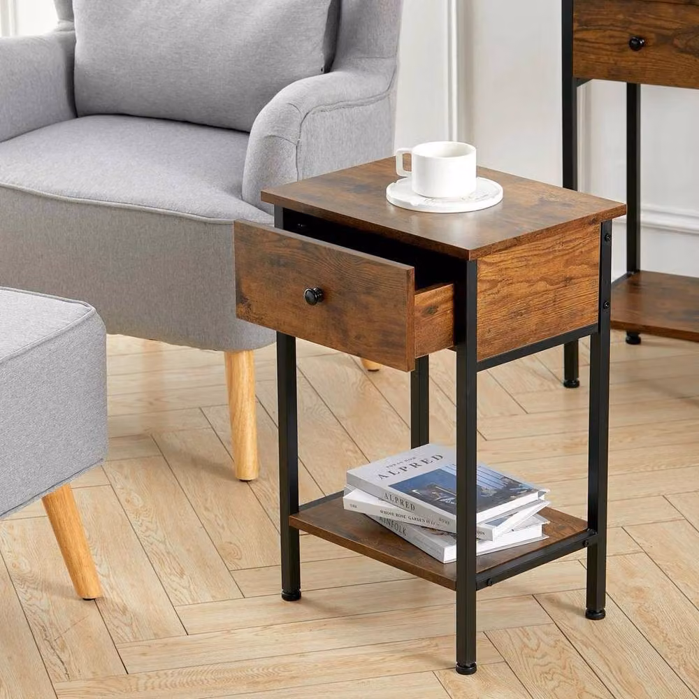 KORVIXA Industrial Rustic Brown Wooden Side Table with Metal Legs, W/D/H: 60.0 x 40.0 x 40.0 cm – 4