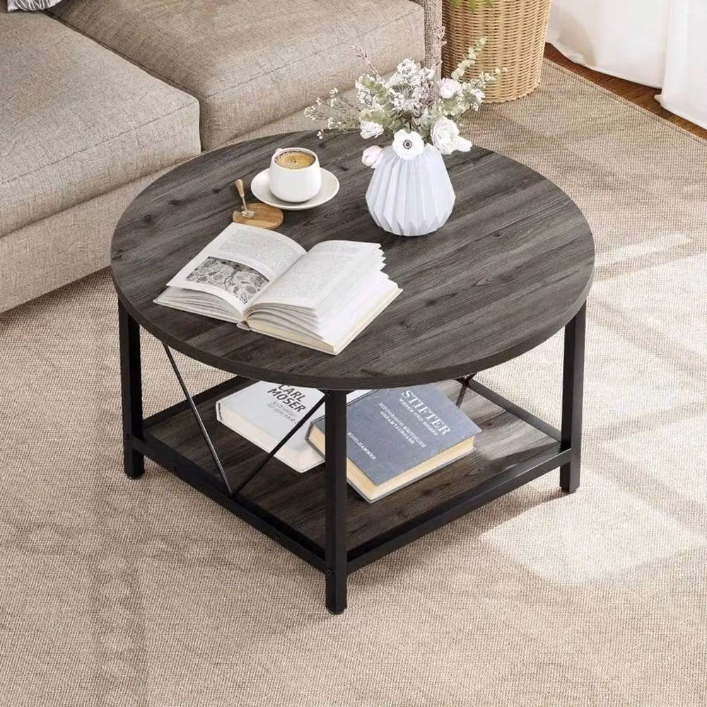 VOGREX Retro Round Coffee Table with Bottom Storage Shelf and Metal Legs in Dark Grey – 2