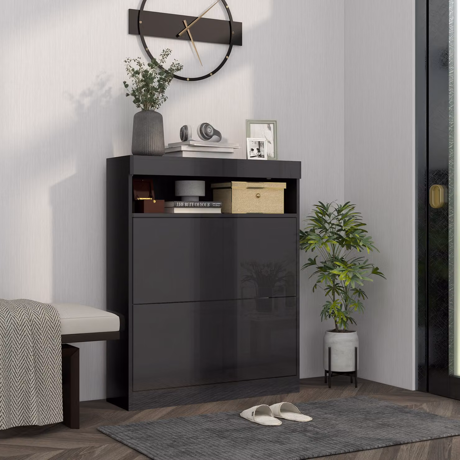 HOMCOM Modern Black Shoe Storage Cabinet with Tilting Flip Doors for 16 Pairs of Shoes – 2