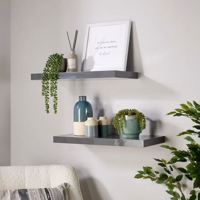 Home Source Cloud Pair of Glossy Floating Wall Mounted Storage Shelves, Grey, Width: 60 cm