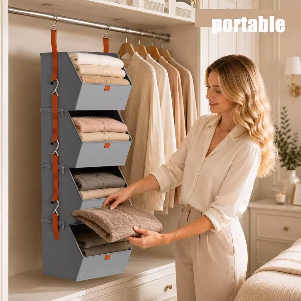 KORVIXA 4 Tier Hanging Wardrobe Organiser with Foldable Fabric Shelves in Grey, W: 90 cm – 3
