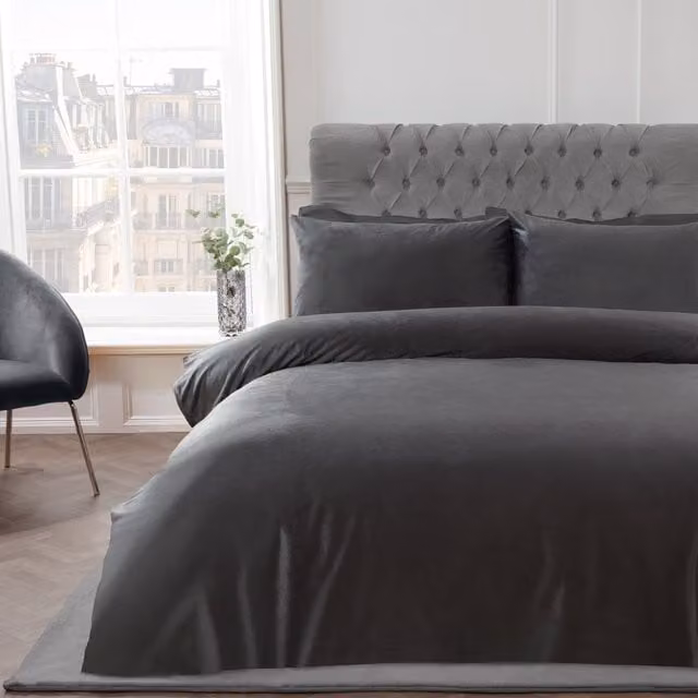 Smart Living Matte Velvet Duvet Cover and Pillowcase Set in Charcoal Grey, Super King, 200 x 200 cm