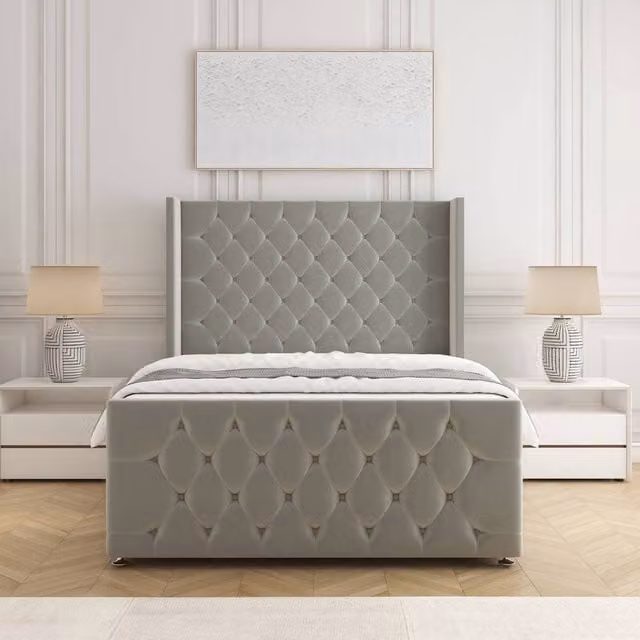 BSSPOKE Florida Velvet Divan Bed with Headboard and Footboard in Silver, Double, W/D/H: 140 x 200 cm
