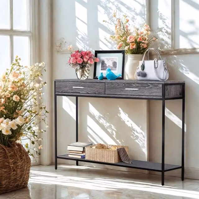 FURNOS 2 Tier Grey Console Table with Drawers for Entryway and Hallway, W: 81.5 cm, D: 30 cm, H: 50 cm