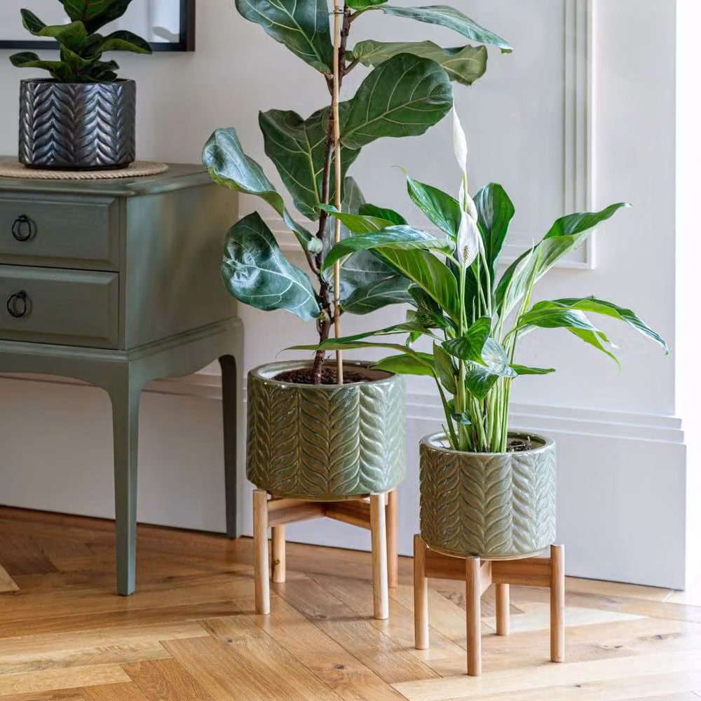 Lemon Pavilion Furniture and Decor Aspen Chevron Ceramic and Wood Planter, Green, W: 22 cm, D: 22 cm, H: 34 cm – 3