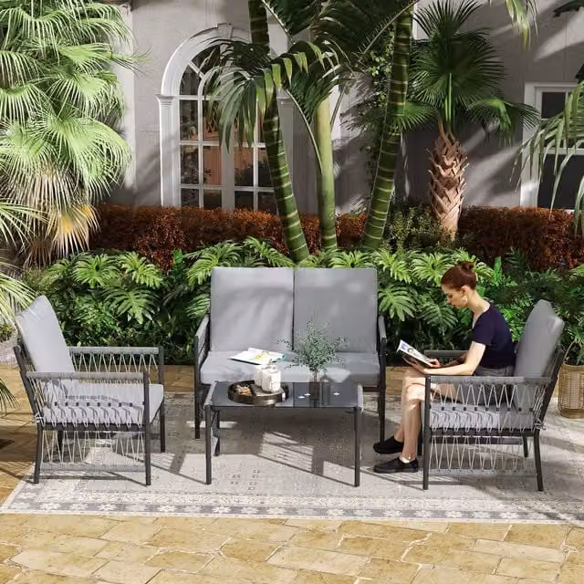 Outsunny 4 Piece Grey Rattan and Metal Garden Furniture Set with Cushions