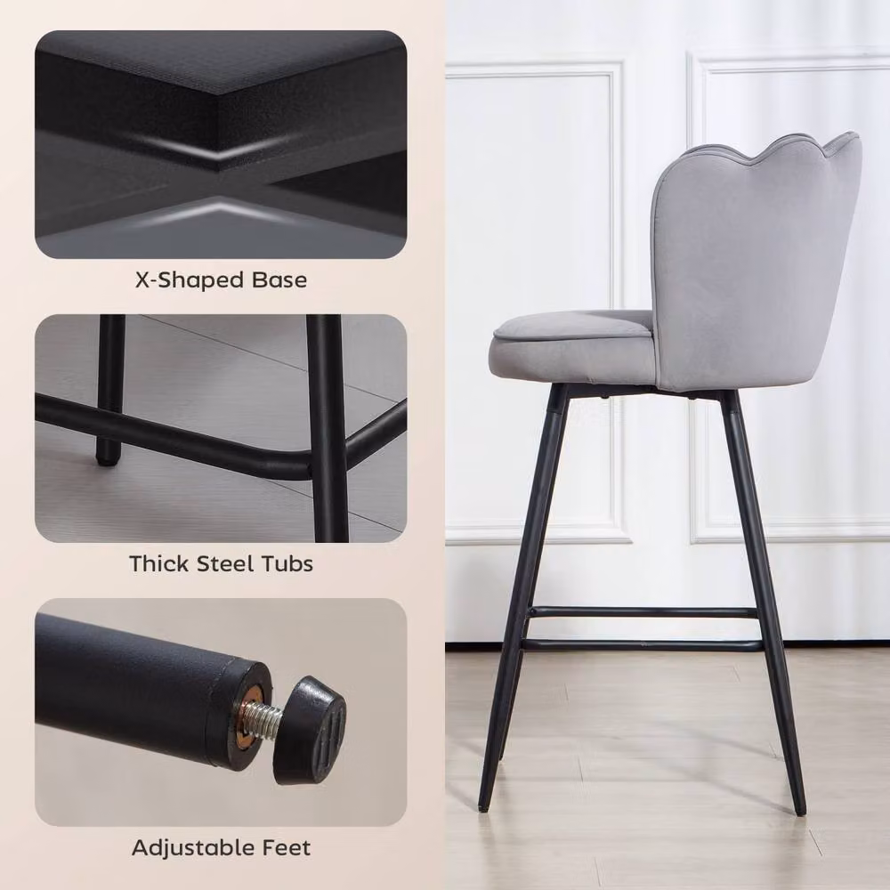 Wyld Haus Ramette Set of 2 Grey Velvet Lotus Style Bar Stools with Sculpted Seats and Metal Frames – 5