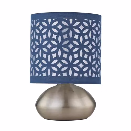 First Choice Lighting Jenson Set of 2 Brushed Chrome Touch Table Lamps with Blue Fabric Cut Out Shades – 2
