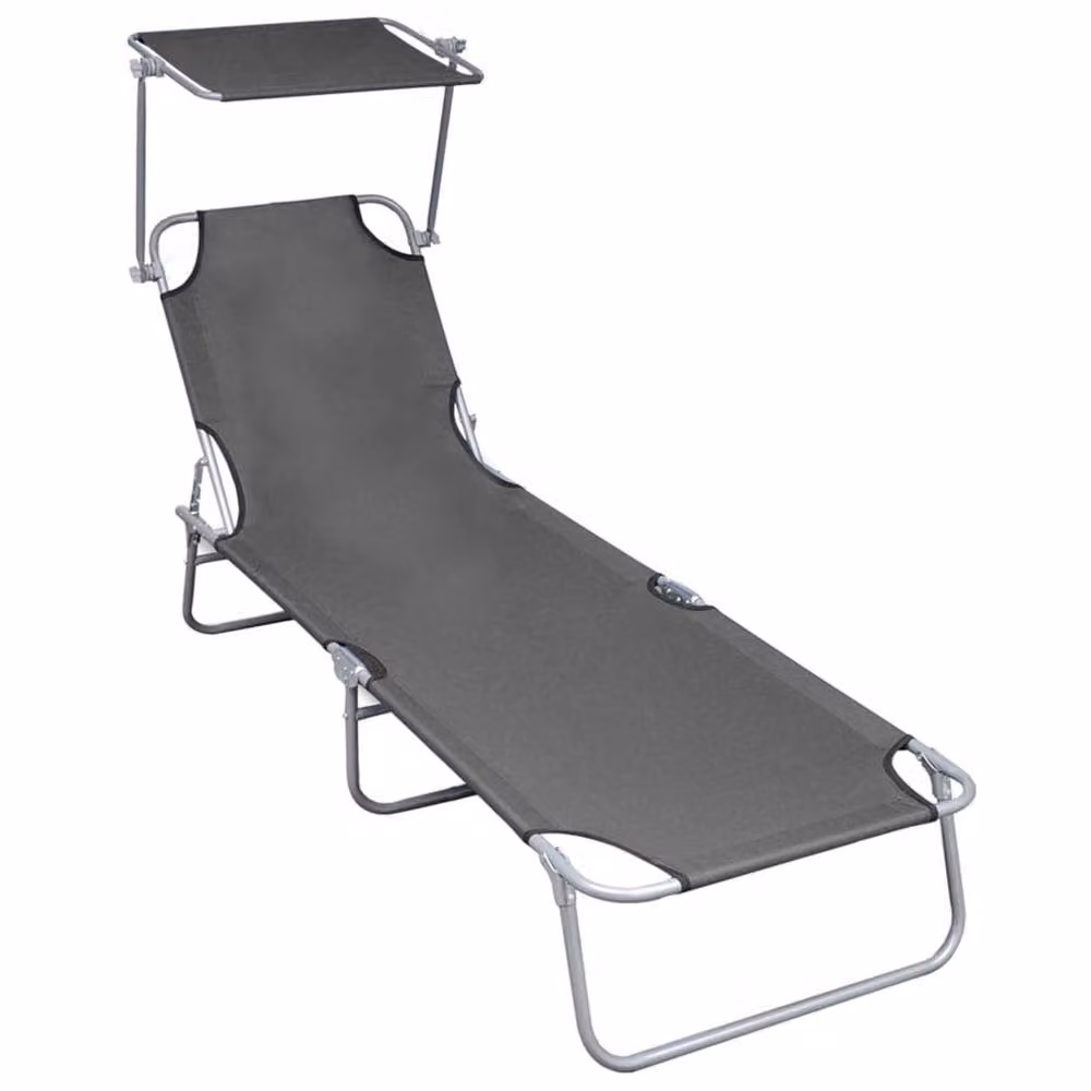 Berkfield Home Grey Folding Sun Lounger with Canopy and Powder Coated Aluminium Frame – 2