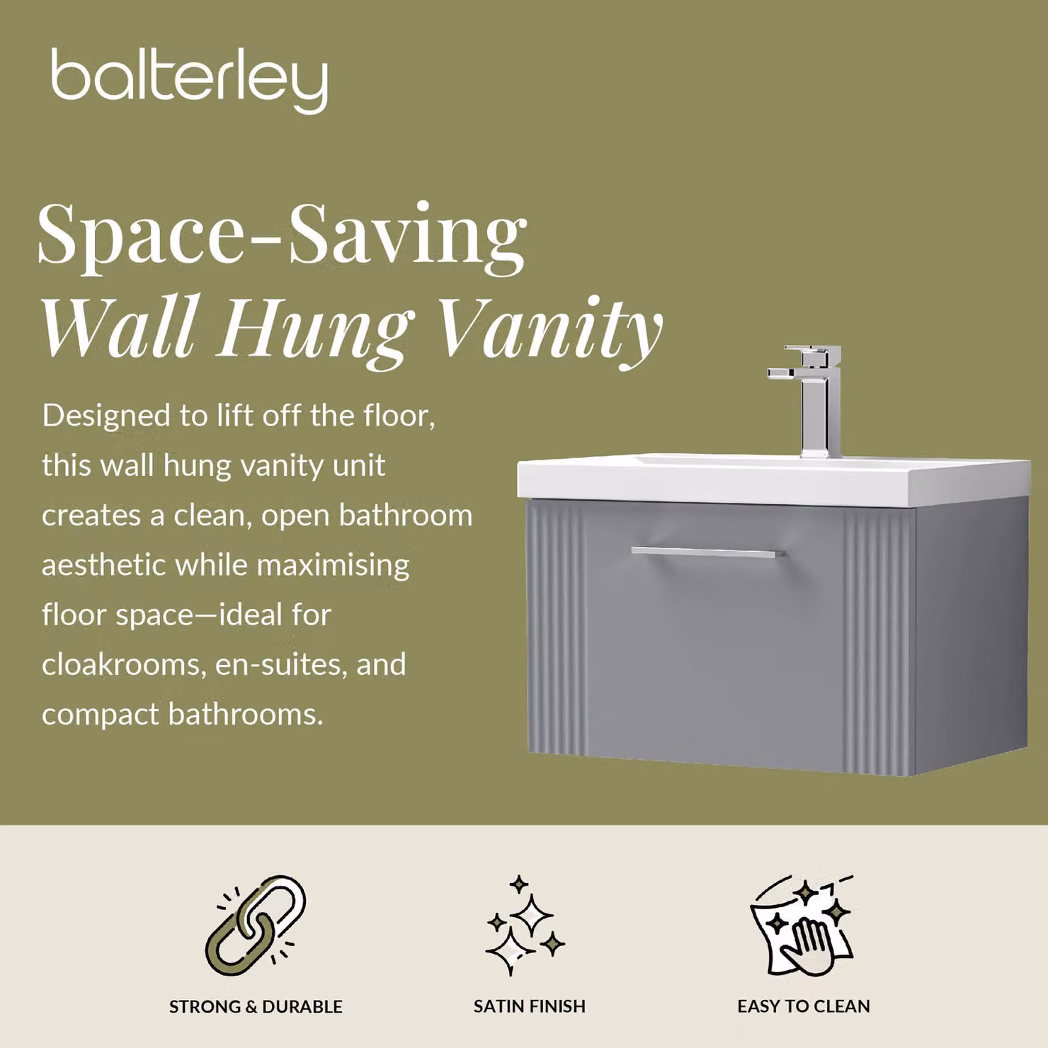 Balterley Wall Hung 1 Drawer Vanity Unit with Mid-Edge Basin, Satin Grey, W: 60 cm, D: 39.9 cm, H: 60 cm – 2