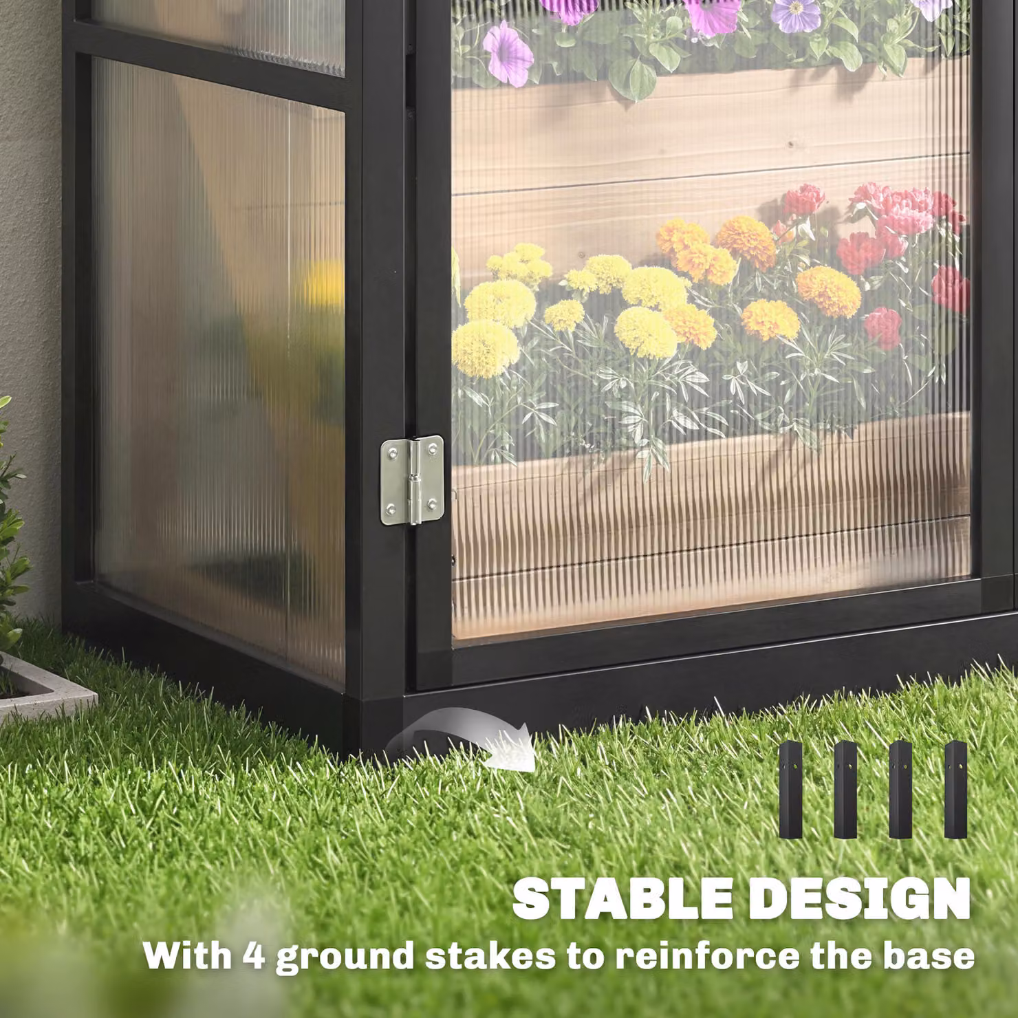 Outsunny Black Polycarbonate Lean-to Walk-in Greenhouse with 3 Hinged Doors and Top Vent – 6