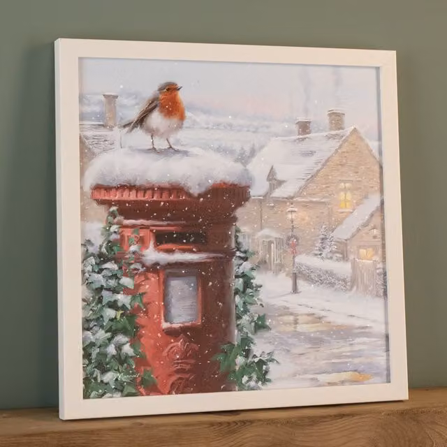 Samuel Alexander LED Battery Operated Fibre Optic Robin and Postbox Christmas Canvas Wall Art, White and Multicolour, W/H: 40 x 40 cm