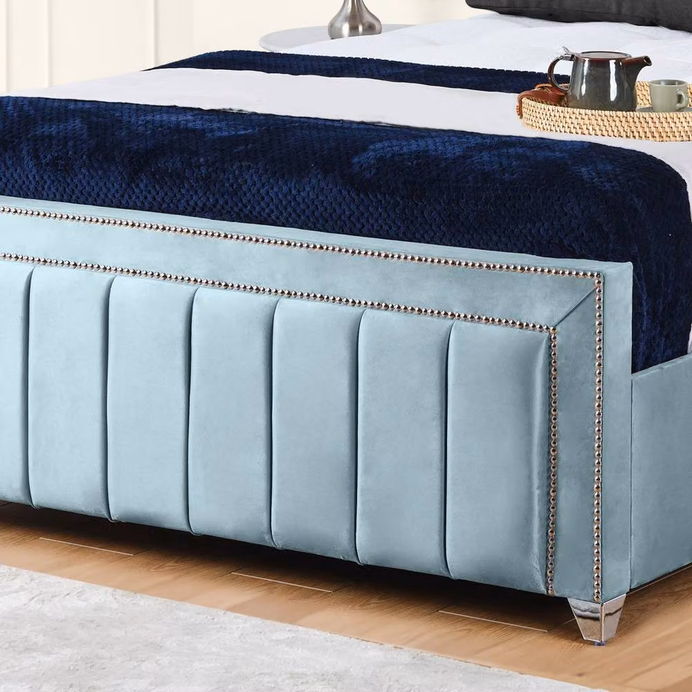UK Bed Furniture Fiona Upholstered Slatted Base Bed in Blue, W/D/H: 200 x 200 cm – 3