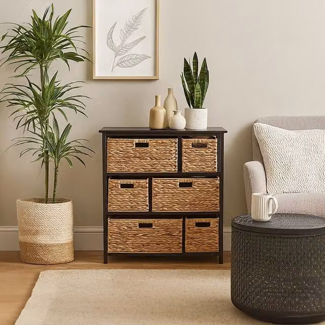 Orsina Modern 6 Drawer Storage Unit with Black Frame and Rattan Details, W/D/H: 80 x 37 x 76 cm