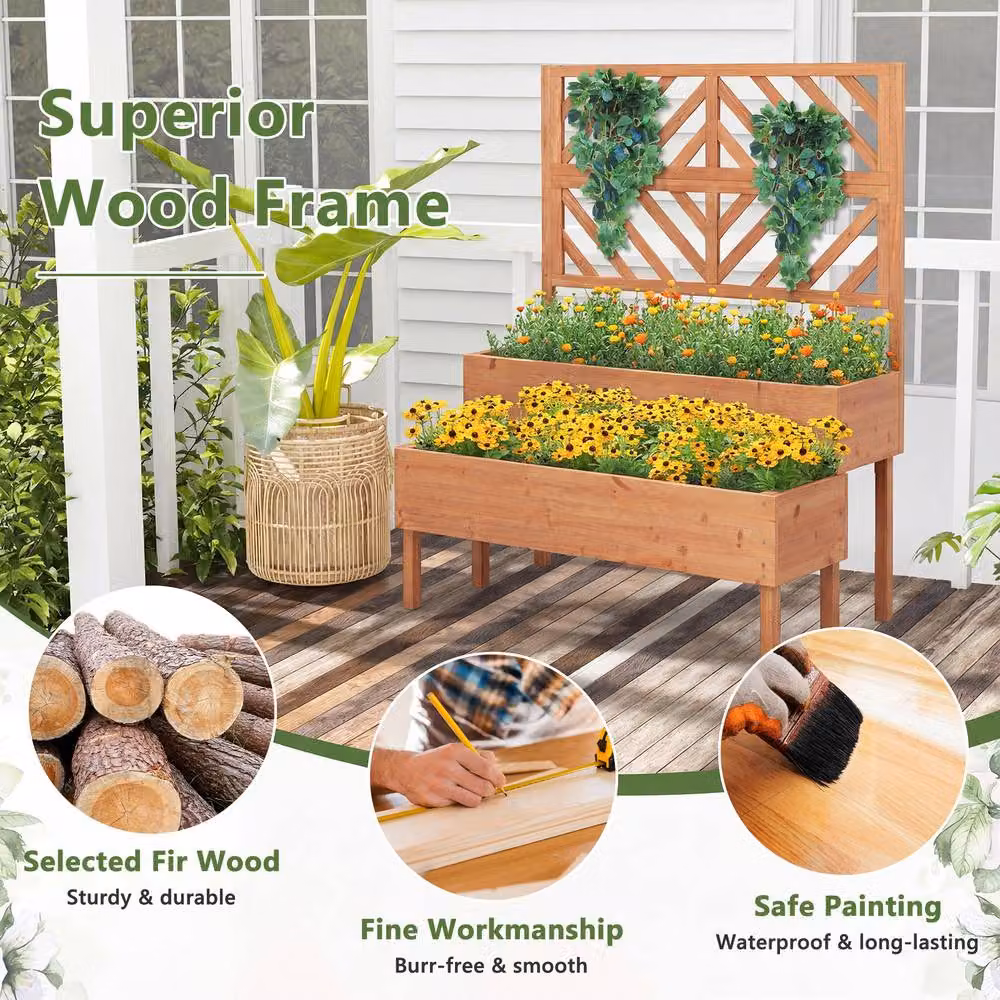 Costway 2-Tier Wooden Raised Garden Bed with Trellis in Orange – 2