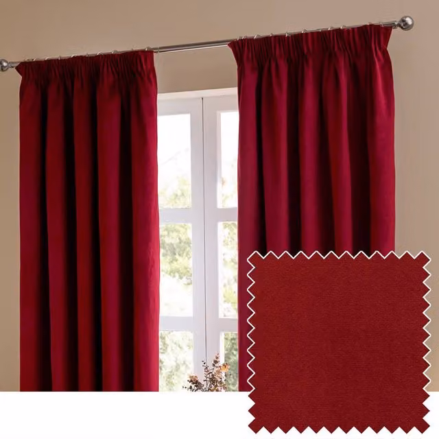 Furn Burgundy Velvet 100% Blackout Pencil Pleat Curtain Pair, Width: 229 cm, Drop: 183 cm – 1