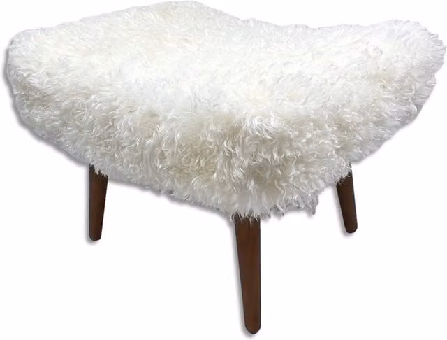 Native Natural White Sheepskin and Wood Shearling Footstool