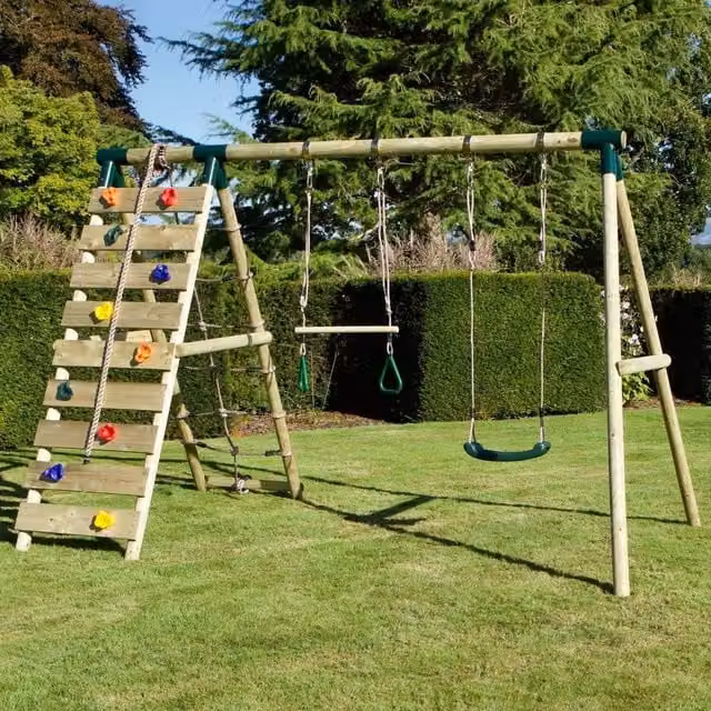 Rebo Savannah Wooden Double Swing Set with Trapeze Bar and Climbing Wall in Green and Brown