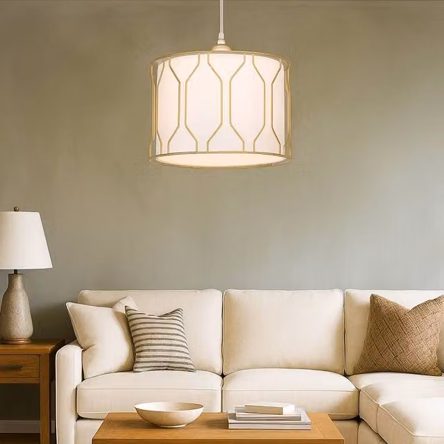 Lighting Collection Art Deco Drum Shade in White with Gold Cage Details
